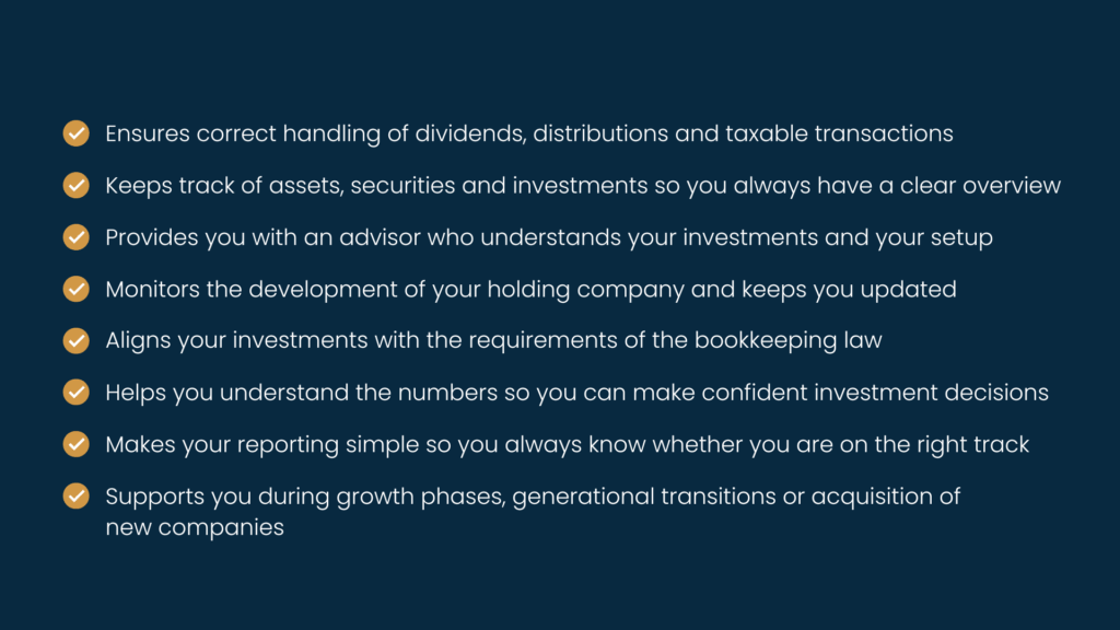 Bullet list of services for holding companies and investors, including dividend handling, investment overview, advisory support, reporting and assistance with growth and acquisitions.