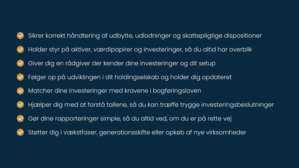 Oversigt med fordele for holdingselskaber – vi skaber struktur, overblik og tryghed i din økonomi