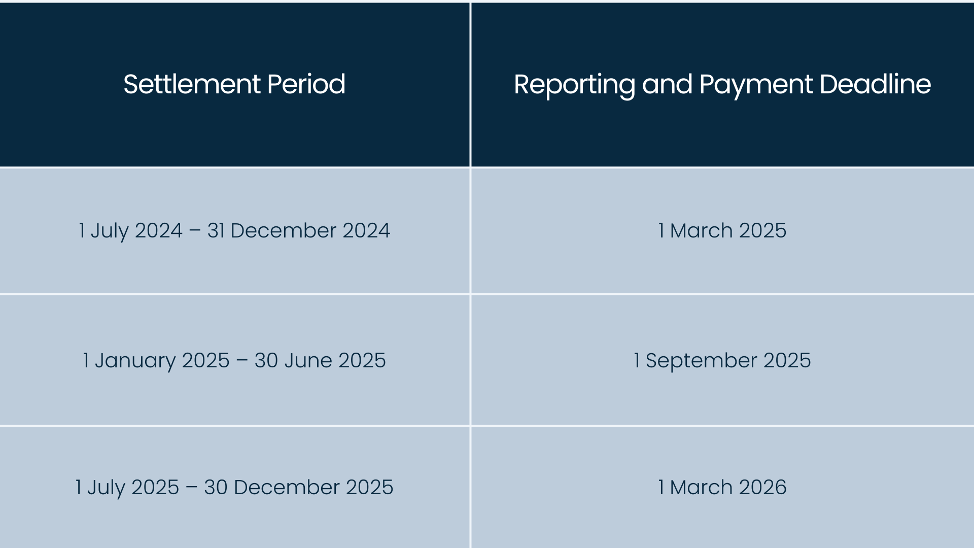 Table showing half-year VAT settlement periods and reporting deadlines for 2024 and 2025.