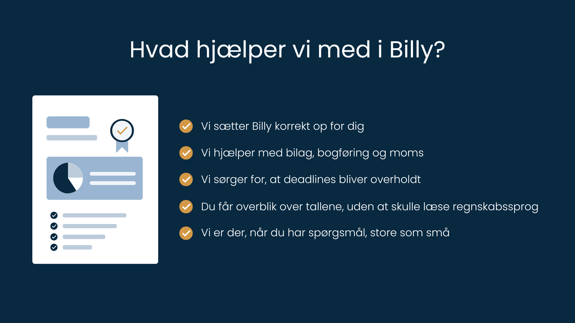 Illustration af regnskabsopgaver og en liste over, hvad vi hjælper med i Billy.