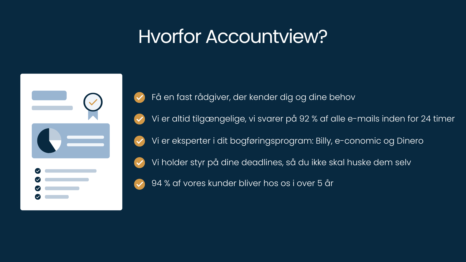 Illustration og punktliste over fordelene ved at vælge Accountview, herunder fast rådgiver, hurtig svartid, ekspertise i bogføringssystemer og høj kundeloyalitet.