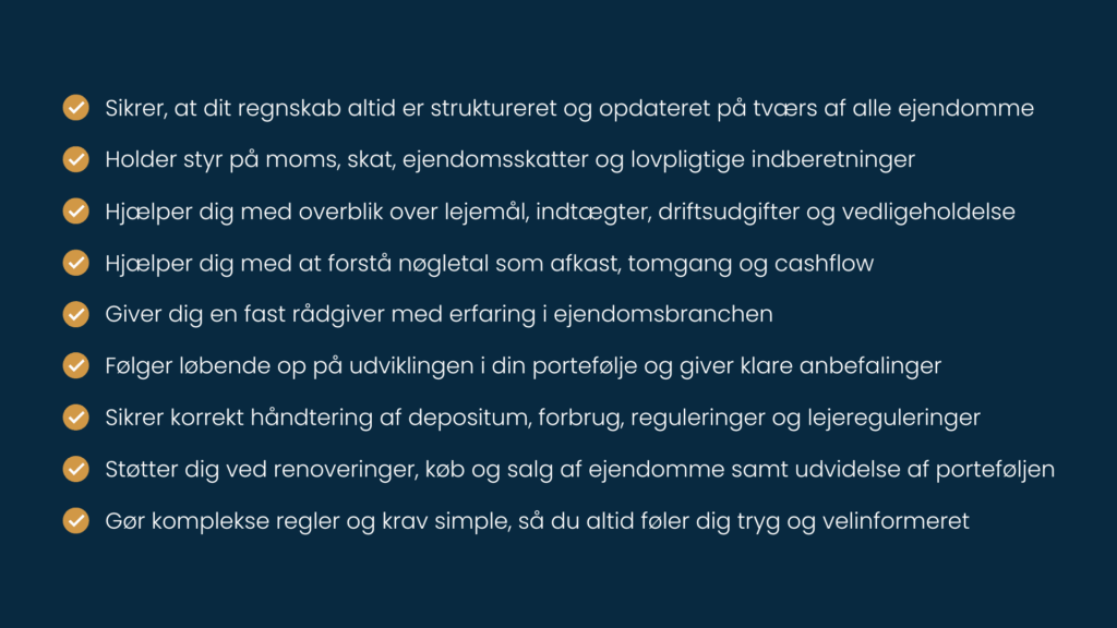 Punktliste over ydelser til ejendomsvirksomheder, herunder regnskab, skat, lejemål, nøgletal, vedligeholdelse og porteføljeudvikling.