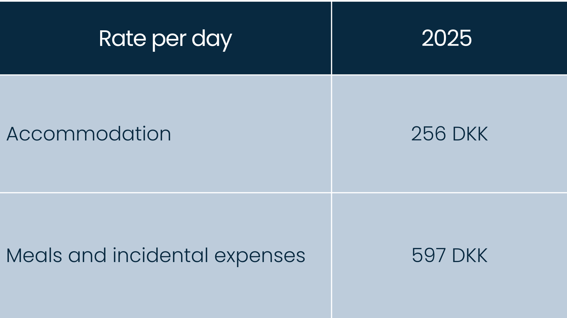 Table showing 2025 tax-free daily allowance rates for accommodation and meals/incidental expenses.