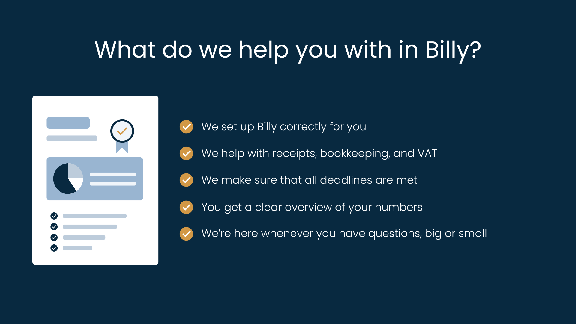 Illustration showing bookkeeping tasks and a list of what we help with in Billy.