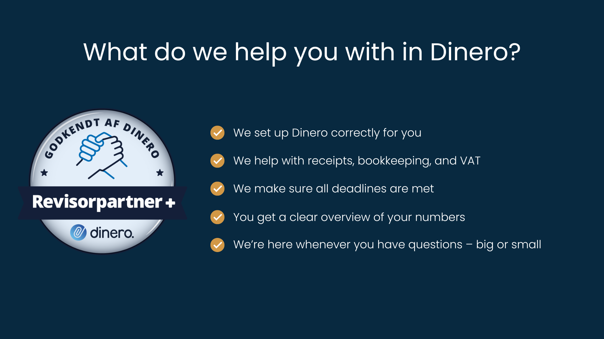 What we help you with in Dinero – Revisorpartner+ badge and list of services