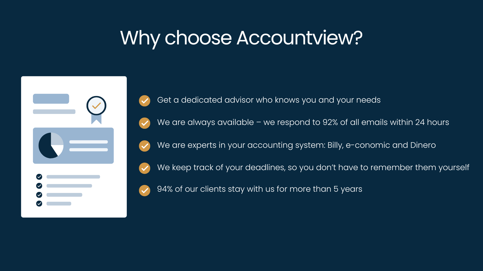 Illustration and bullet list showing the benefits of choosing Accountview, including a dedicated advisor, fast response times, accounting software expertise and strong client loyalty.
