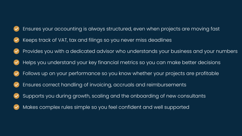 Bullet list of our services for consultants, including structured accounting, tax and VAT management, advisory support, project profitability insights and scalable growth assistance.