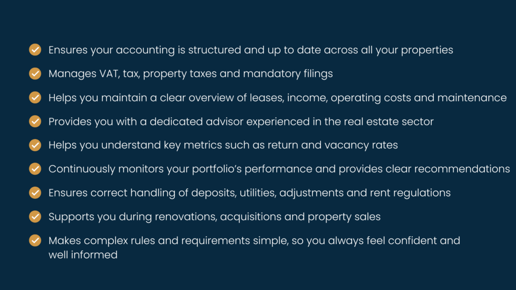 Bullet list of services for real estate clients, including accounting, tax handling, lease overview, key metrics and portfolio development.